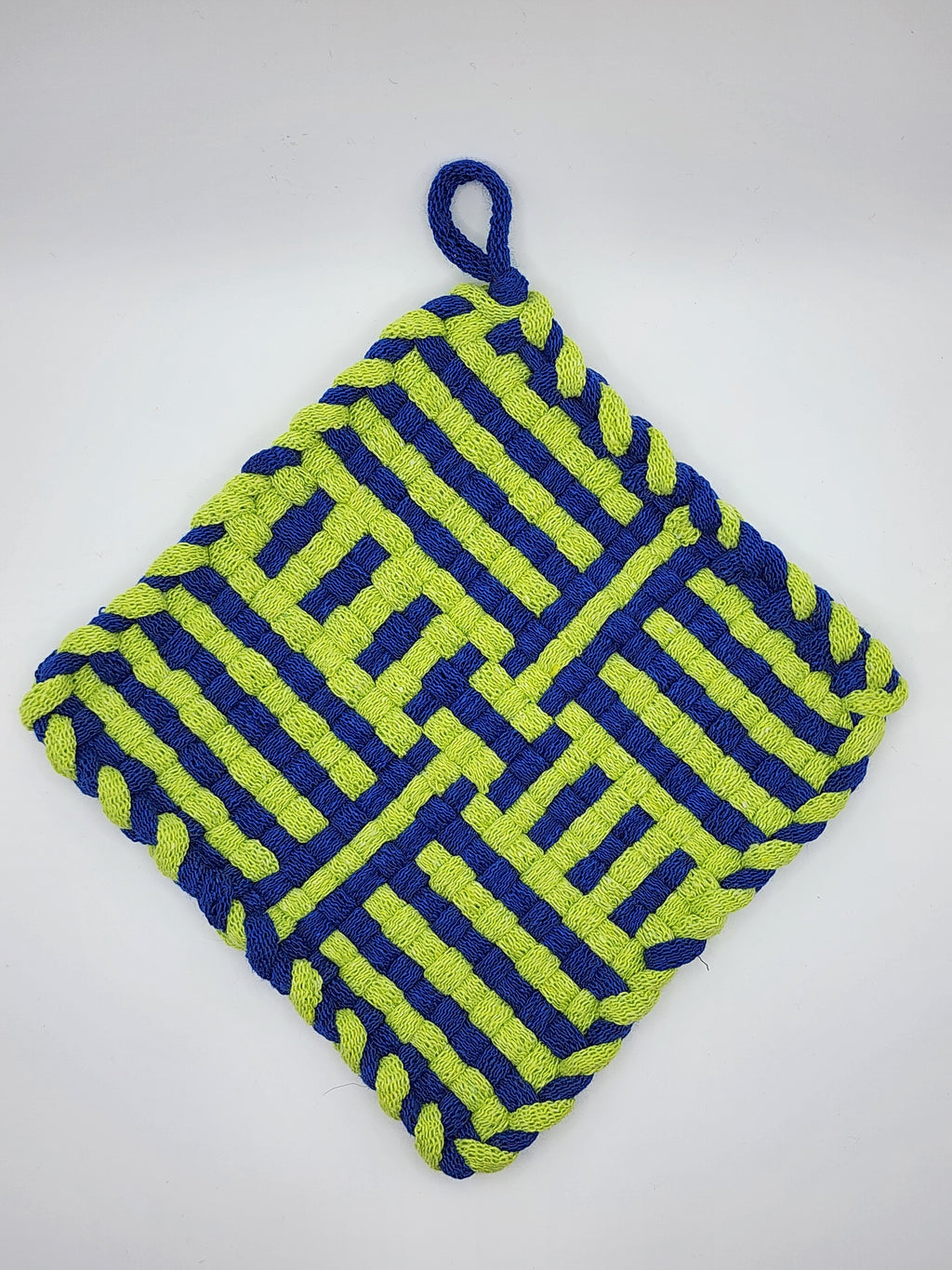 Potholder Pair - Football Laces Pattern in Green and Blue