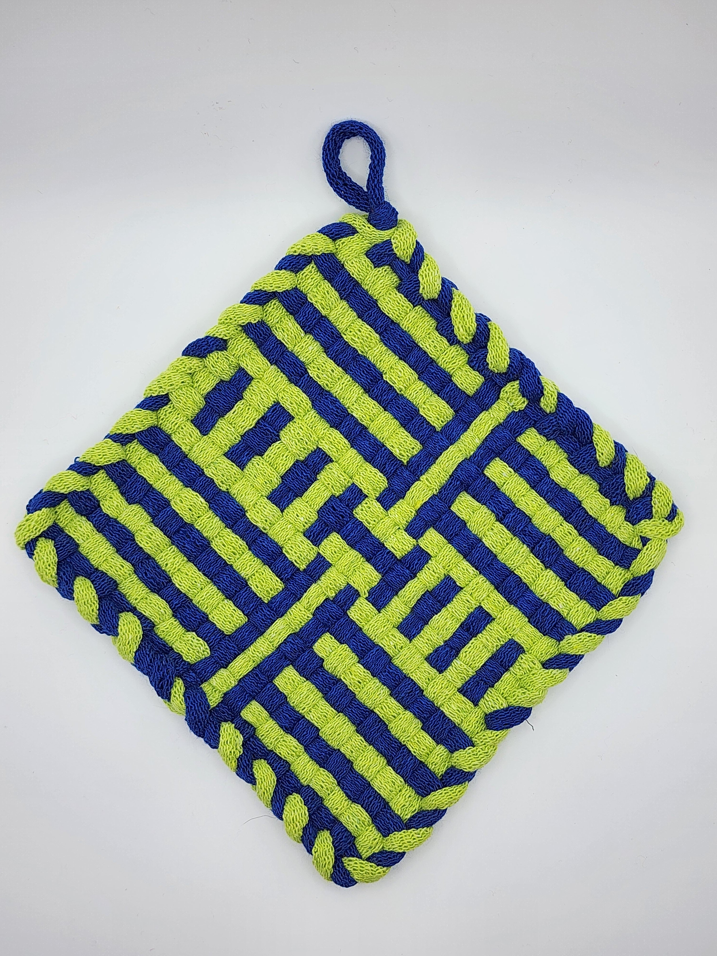 Potholder Pair - Football Laces Pattern in Green and Blue