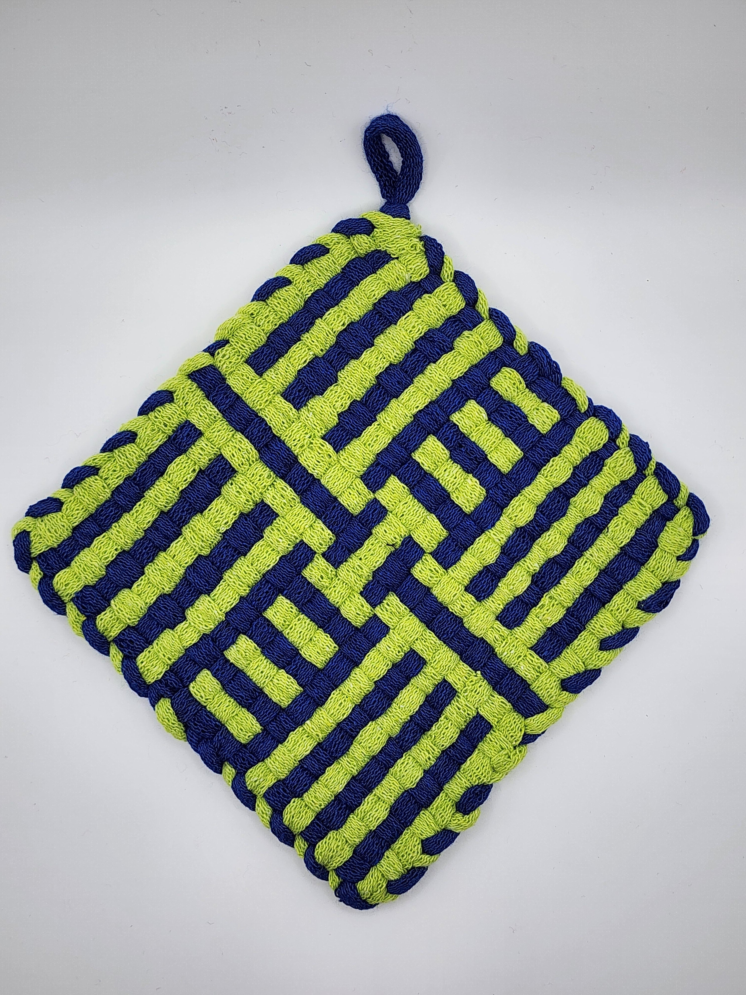 Potholder Pair - Football Laces Pattern in Green and Blue
