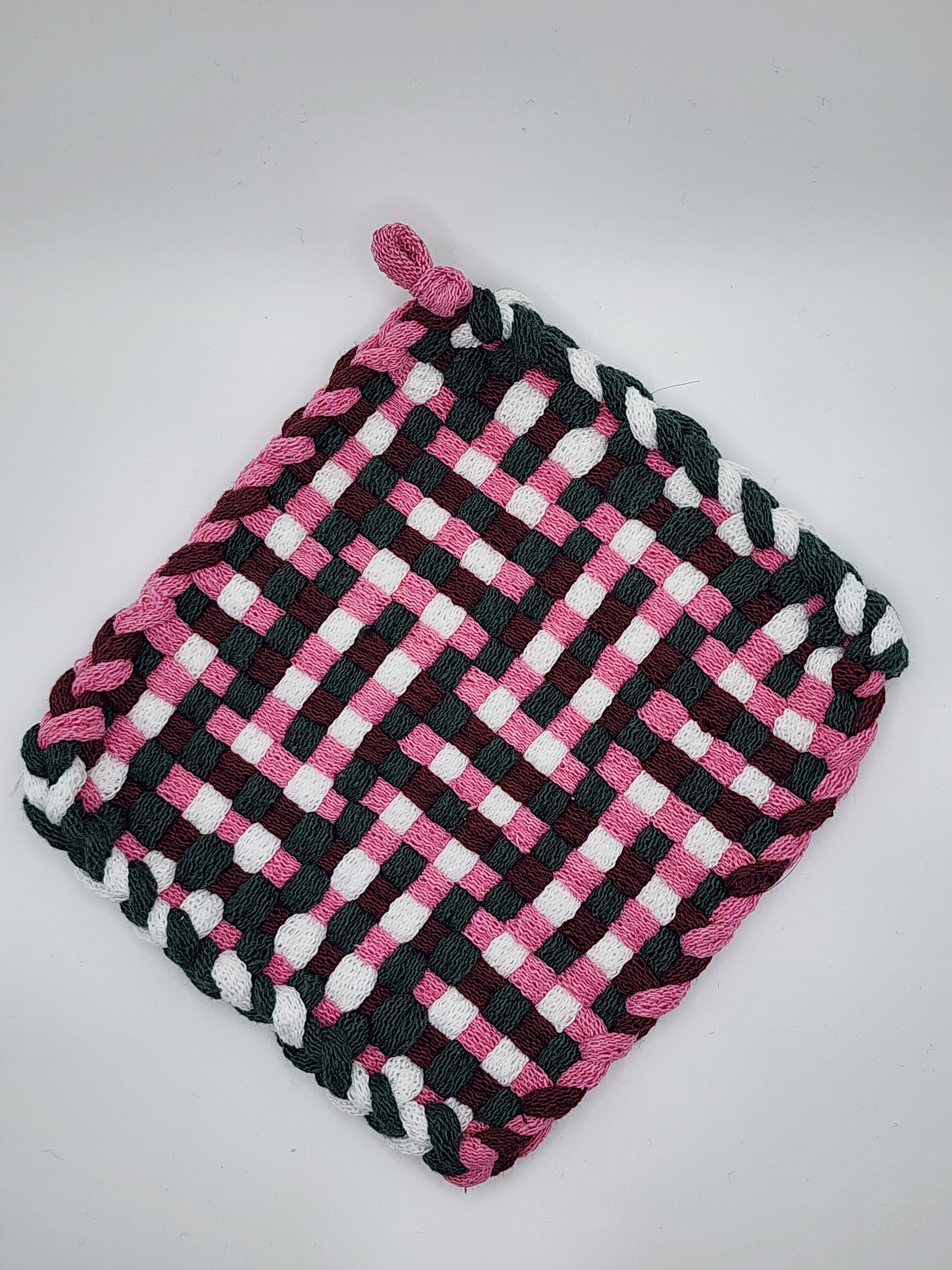 Potholder Pair - Garden Lattice Pattern in Green and Pink