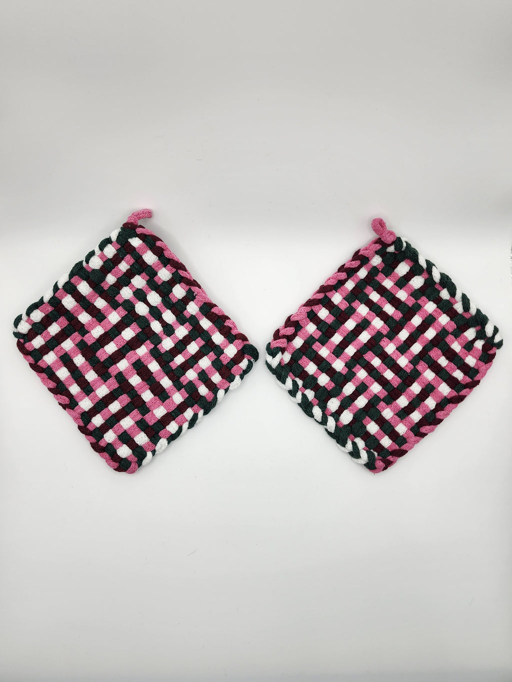 Potholder Pair - Garden Lattice Pattern in Green and Pink