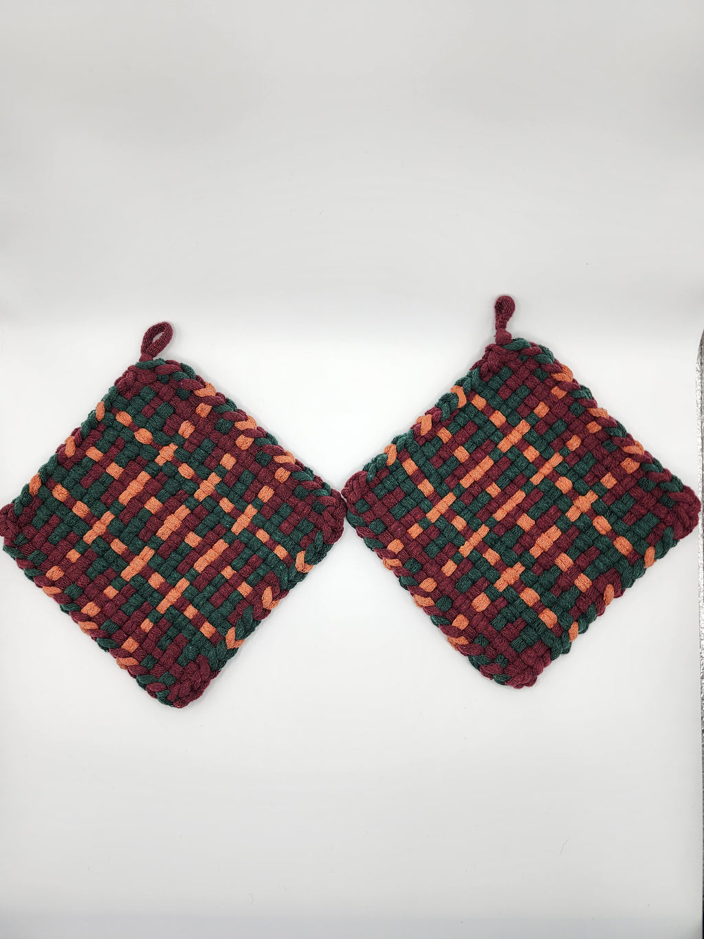 Potholder Pair - Fall Sweater Pattern in Burgundy, Pumpkin Spice and Hunter