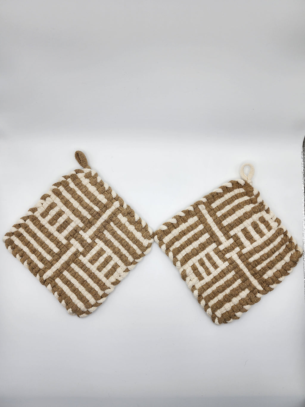 Potholder Pair - Football Laces Pattern in Beige and Cream