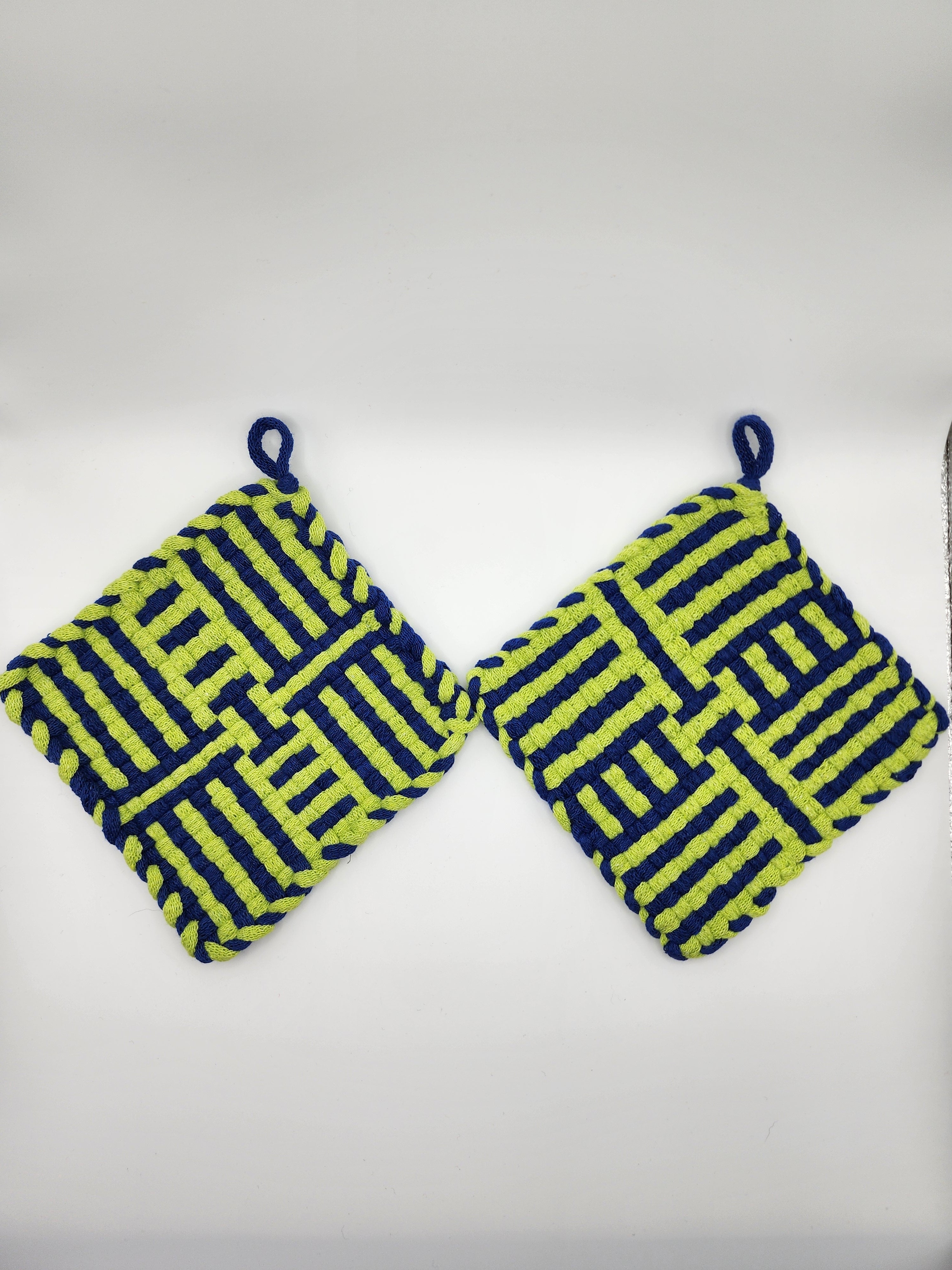 Potholder Pair - Football Laces Pattern in Green and Blue