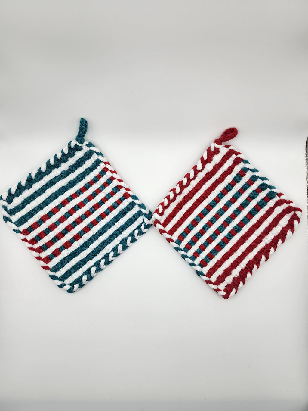 Potholder Pair - Candy Cane Lane Pattern in Green and Red