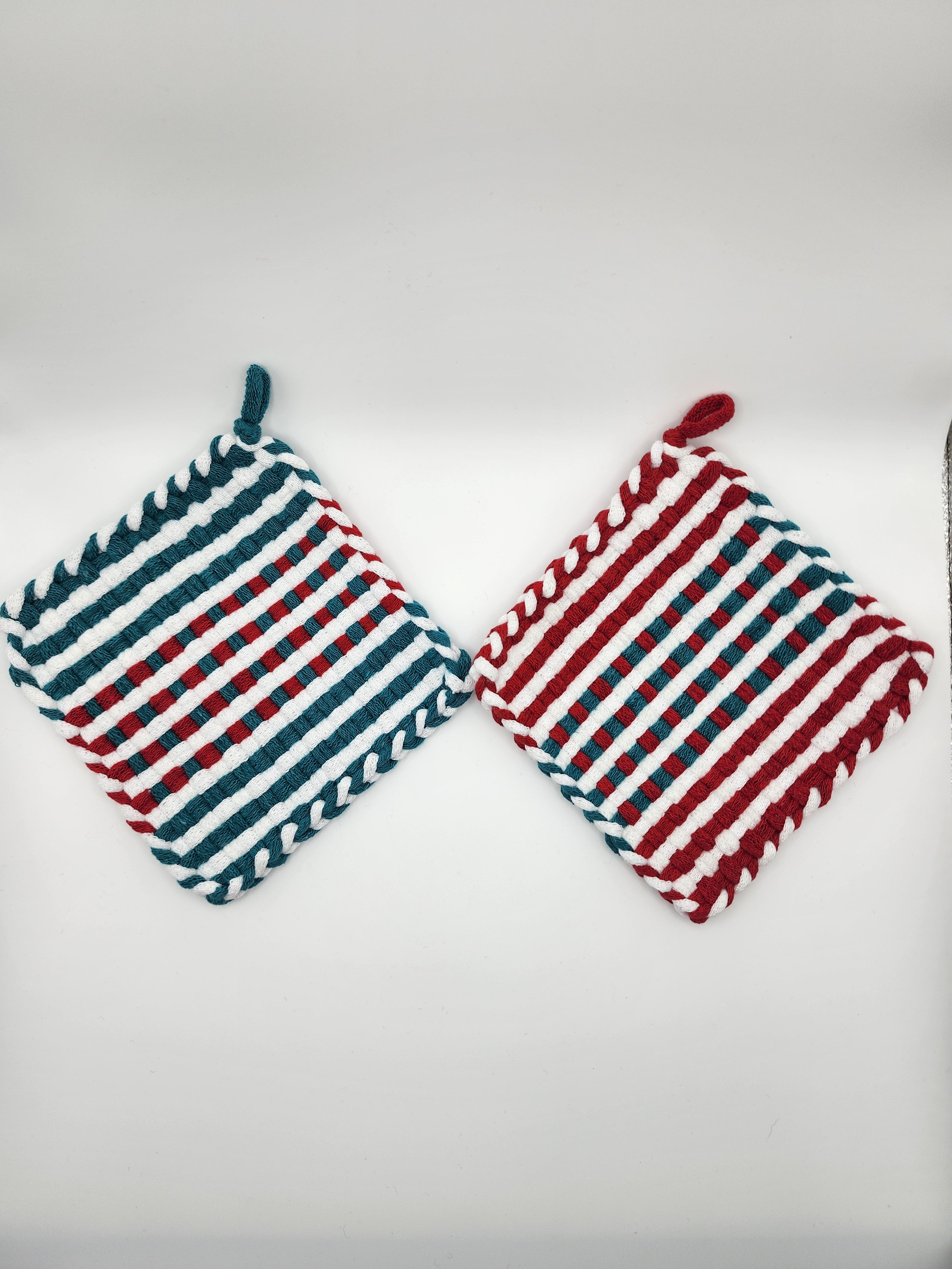 Potholder Pair - Candy Cane Lane Pattern in Green and Red