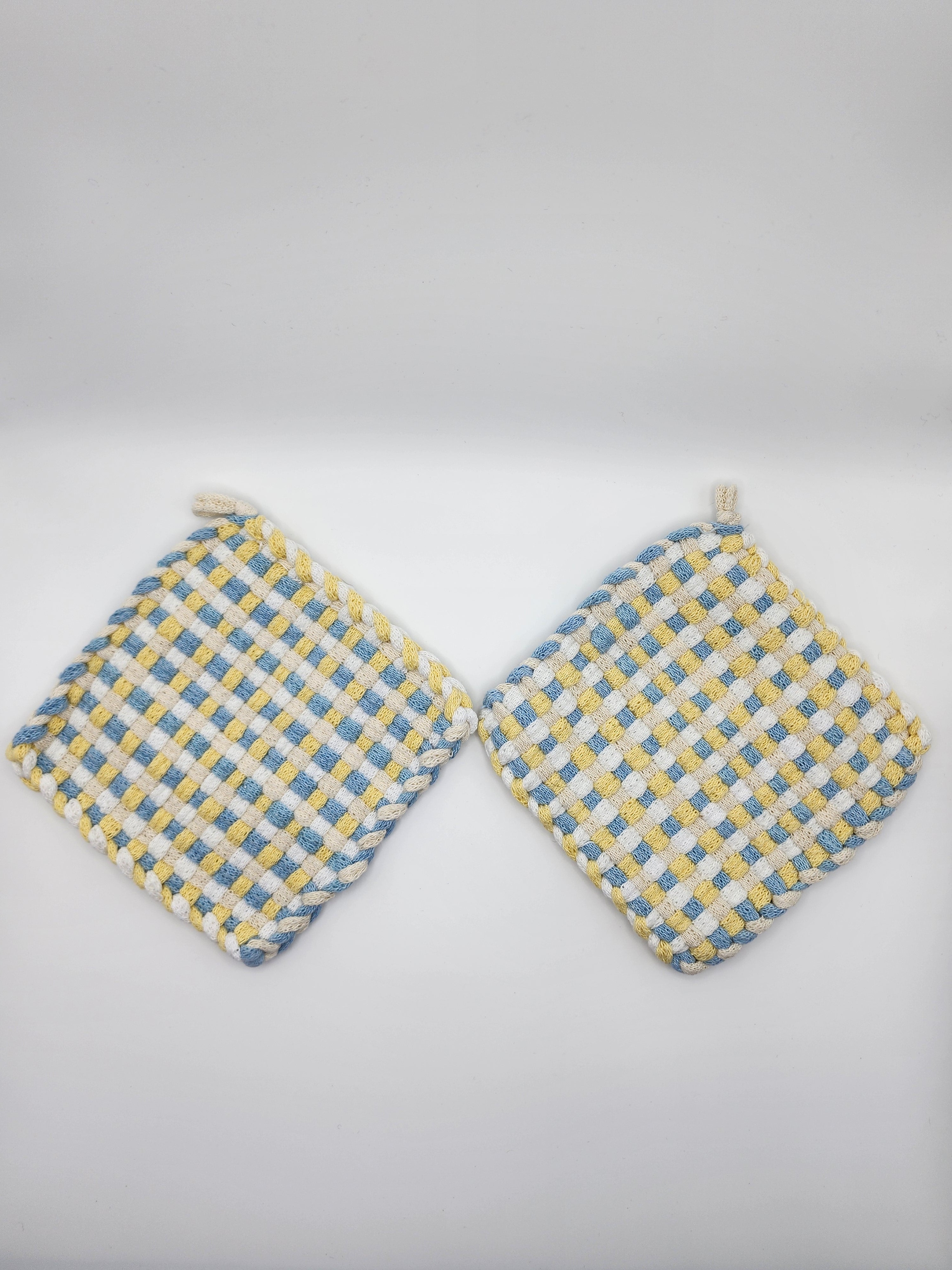 Potholder Pair - Grandma's Kitchen Pattern in Pastel Blue and Pastel Yellow