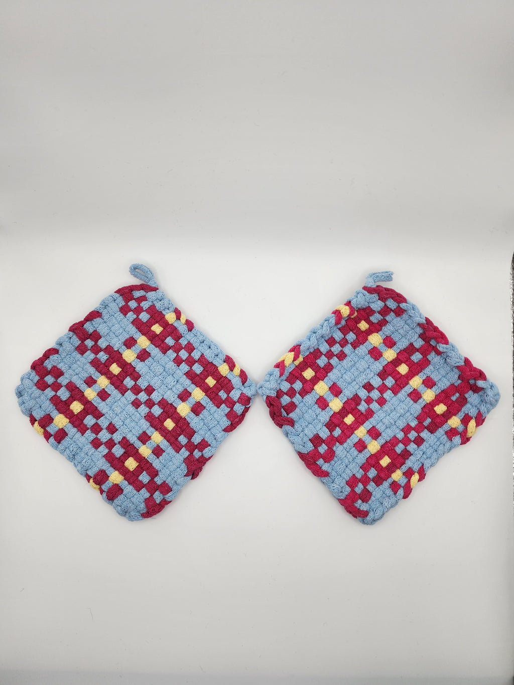 Potholder Pair - Flower Cardigan in Pink and Blue